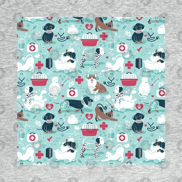 Veterinary medicine, happy and healthy friends // pattern // aqua background red details navy blue white and brown cats dogs and other animals by SelmaCardoso